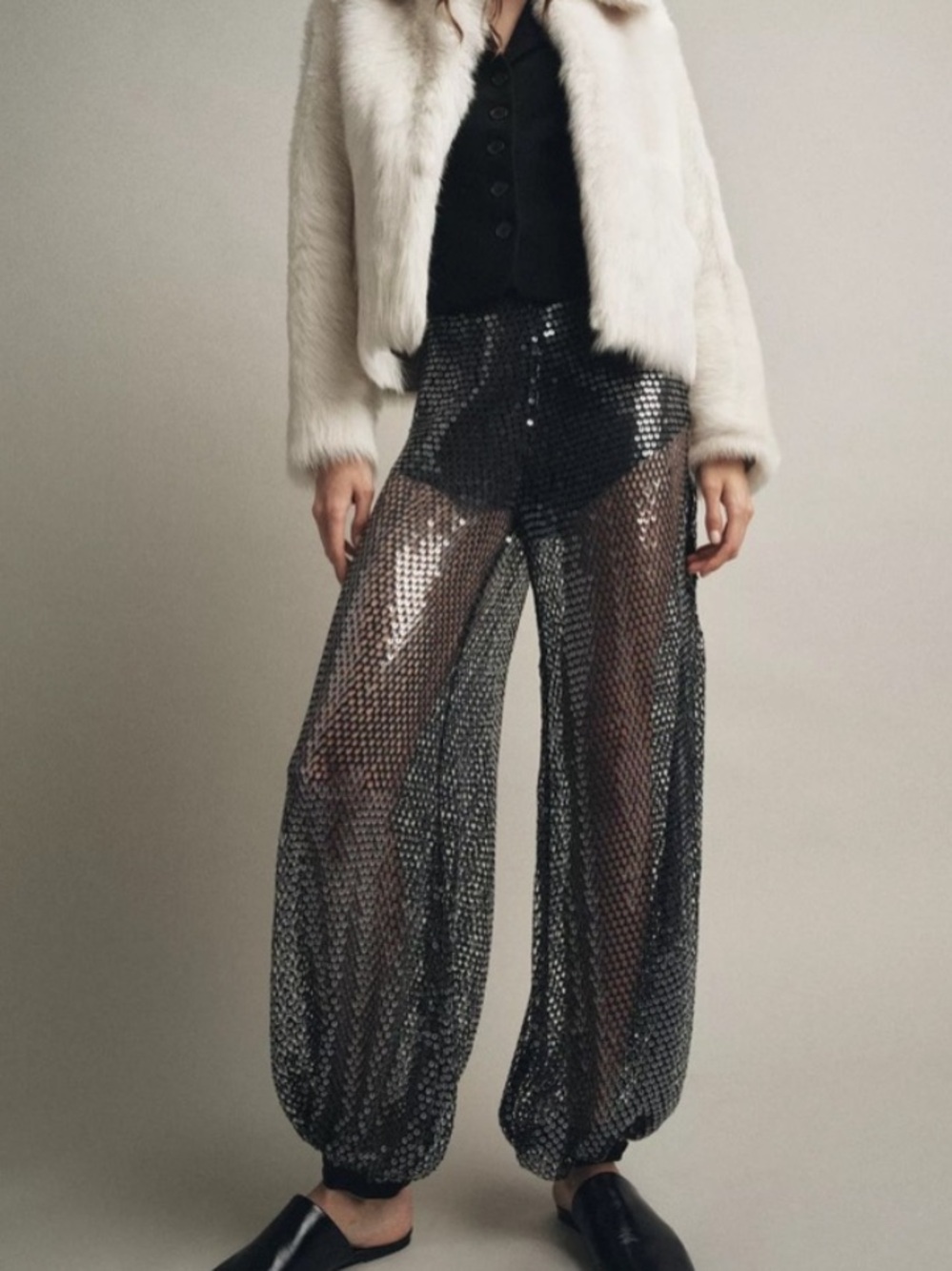 Zara Black Sequin Wide-Leg Balloon Pants - Picture 2 of 4
